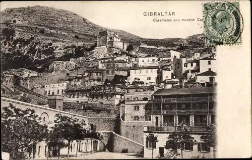 Ak Gibraltar, Casemates and moorish Castle, Burg, Felsen, Ortsansicht