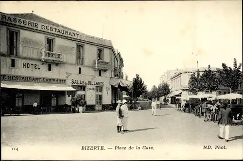 Ak Bizerte Tunesien, Place de la Gare, Salle de Billards, Rikschas