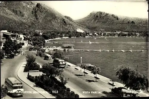 Ak Pollença Pollensa Mallorca Balearische Inseln, Teilansicht, Seebrücke, Busse, Ort