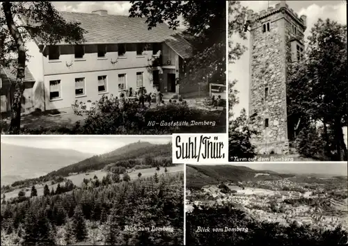 Ak Suhl in Thüringen, HO Gaststätte Domberg, Turm auf dem Domberg, Blick vom u. zum Domberg