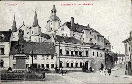 Ak Meerane in Sachsen, Bismarckplatz mit Bismarckdenkmal