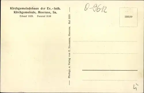 Ak Meerane in Sachsen, Kirchgemeindehaus der Ev. luth. Kirchgemeinde