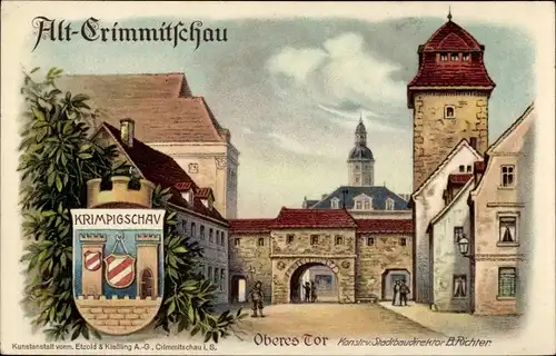 Litho Crimmitschau in Sachsen, Wappen Krimpigschav, das Obere Tor, Stadtrechtsfeier 1914