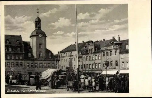 Ak Glauchau in Sachsen, Markt mit Rathaus