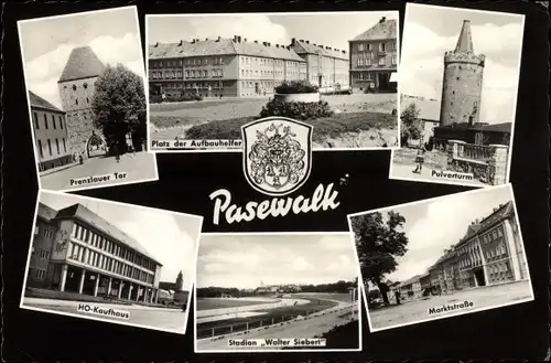 Ak Pasewalk in Mecklenburg Vorpommern, Stadion Walter Siebert, Prenzlauer Tor, Pulverturm, Wappen