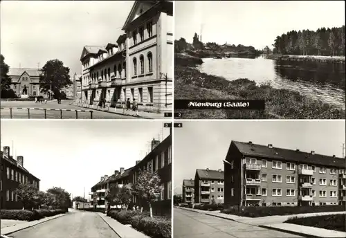 Ak Nienburg Salzlandkreis Sachsen Anhalt, Platz der DSF mit Rat der Stadt und Feierabendheim, Ufer