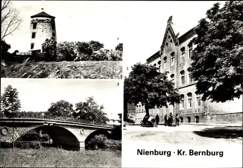 Ak Bernburg an der Saale, Mühle, Saalebrücke, Polytechnische Oberschule
