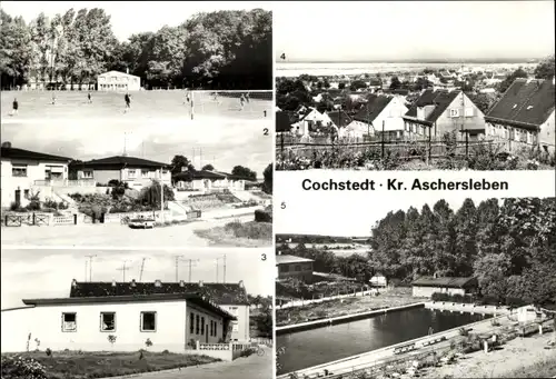 Ak Cochstedt Hecklingen im Salzlandkreis, Ort, Freibad, Kaufhalle, Eigenheime, Sportplatz