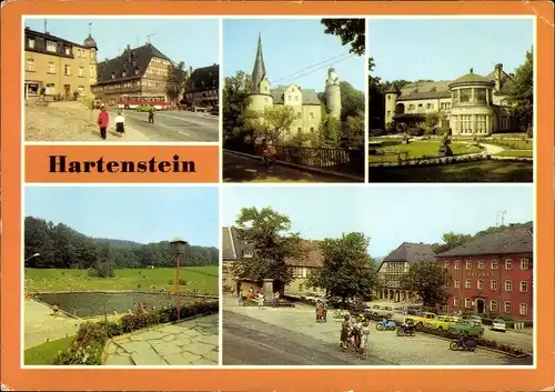 Ak Hartenstein im Erzgebirge Sachsen, Gaststätte Weißes Ross, Ernst Thälmann Platz, Freibad, Bus