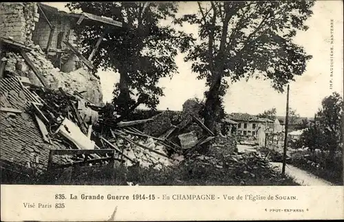 Ak Souain Marne, Vue de l'Eglise, Kirche, Kriegszerstörungen, 1. Weltkrieg