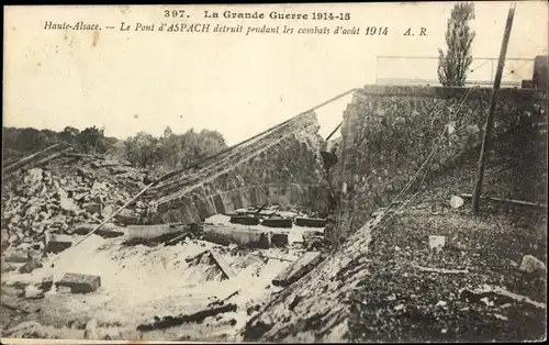 Ak Aspach le Haut Oberaspach Elsass Haut Rhin, le Pont detruit, zerstörte Brücke, 1. Weltkrieg