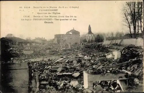 Ak Frignicourt Marne, Quartier de l'Eglise, Kriegszerstörungen, Kirche, 1. Weltkrieg