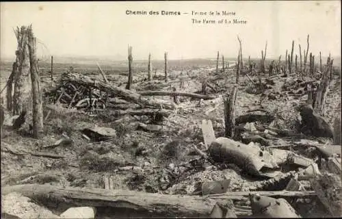 Ak Chemin des Dames Aisne, Ferme de la Motte, Schlachtfeld, Kriegszerstörungen, 1. Weltkrieg