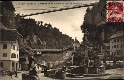 Ak Fribourg Freiburg Stadt Schweiz, Fontaine de la Fidelite et Pont du Gotteron