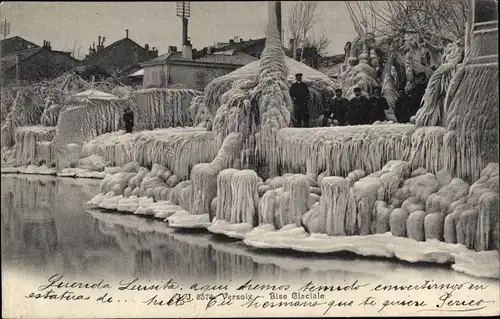 Ak Versoix Kt. Genf Schweiz, Bise Glaciale, Eisformationen durch kalten Nordwind am Genfer See