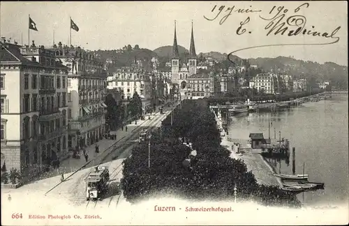 Ak Luzern Stadt Schweiz, Schweizerhofquai, Straßenbahn, Häuser