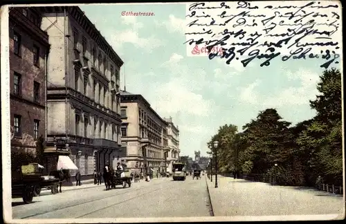 Ak Leipzig, Teilansicht der Goethestraße mit Straßenbahn und Kutschen