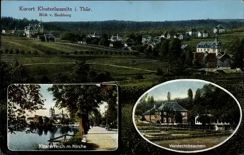 Ak Bad Klosterlausnitz in Thüringen, Klosterteich, Kirche, Waldschlösschen, Panorama