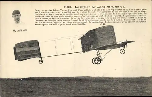 Ak Le Biplan Anzani en plein vol, Pilot, Flugzeug
