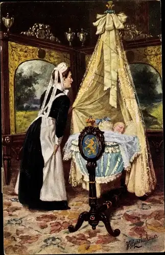 Künstler Ak Gerstenhauer, Johann Georg, Kindermädchen betrachtet schlafendes Baby in der Wiege