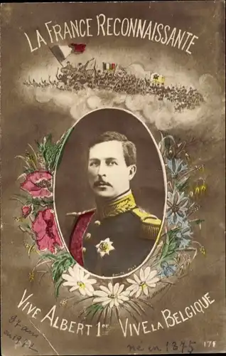 Ak König Albert I., Portrait, Blumen, La France Reconnaissante