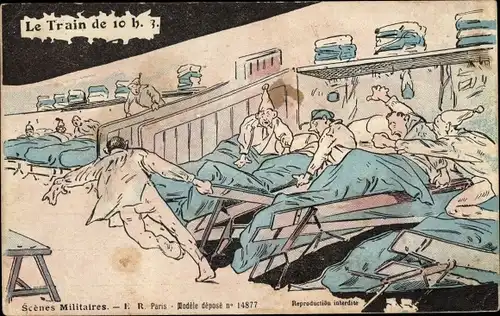 Ak Soldatenleben, Französische Soldaten beim Schlafen, Beschädigtes Bett, Le Train de 10 h