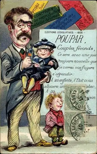 Ak Mann mit Kindern, Flaschen, Elections Legislatives 1906, Poupar, Couples feconds...