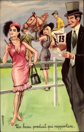 Künstler Ak Pferderennsport, Sieger, Jockey, Schöne Frau mit Verehrer, Un beau produit...