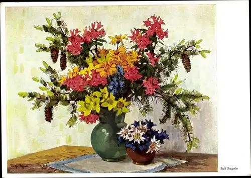 Künstler Ak Regele, R., Alpenblumen, Blumenstrauß, Blumenvase