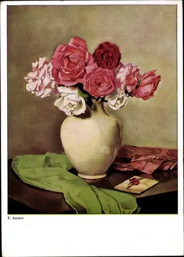 Künstler Ak Aumer, F., Rosen in einer Blumenvase, Briefumschlag