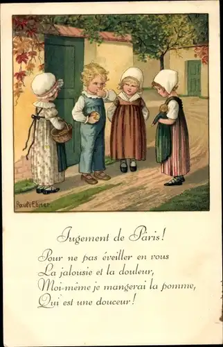 Künstler Ak Ebner, Pauli, Jugement de Paris, Junge mit drei Mädchen