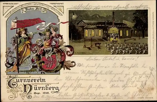 Präge Wappen Litho Nürnberg in Mittelfranken Bayern, Turnverein, Turnhalle, Fahne