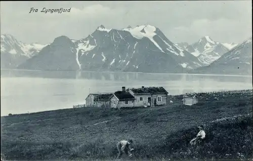 Ak Fra Lyngenfjord, Bucht, Haus am Wasser, Berge