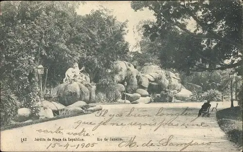 Ak Rio de Janeiro Brasilien, Jardim de Praca da Republica, Park, Felsenmonument