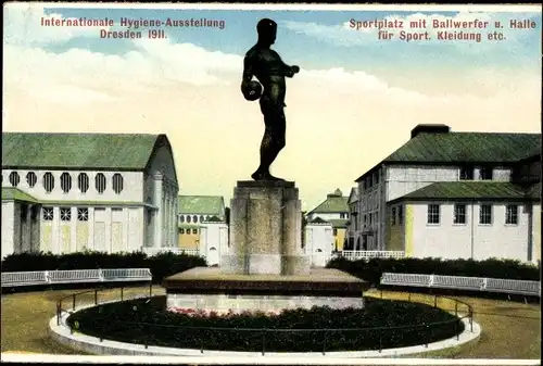Ak Dresden Zentrum Altstadt, Internationale Hygieneausstellung 1911, Sportplatz, Ballwerfer, Halle
