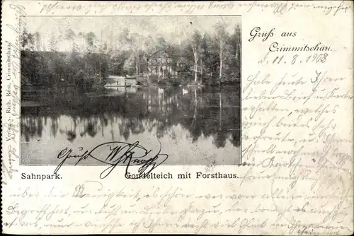 Ak Crimmitschau in Sachsen, Sahnpark, Gondelteich mit Forsthaus