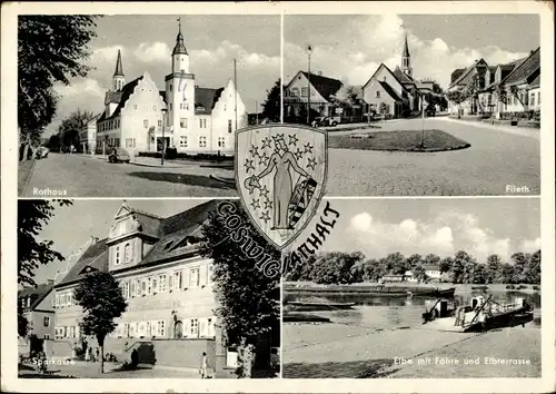 Wappen Ak Coswig in Anhalt, Rathaus, Sparkasse, Elbe mit Fähre und Elbterrasse, Flieth