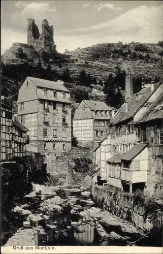 Ak Monschau Montjoie in der Eifel, Ruine, Fluss, Fachwerkhäuser