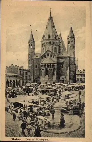 Ak Mainz am Rhein, Dom mit Marktplatz, Marktstände