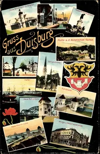 Ak Duisburg im Ruhrgebiet, Ruhrbrücke, Wappen, Rheinbrücke, Hafen, Salvatorkirche, Kaiserdenkmal