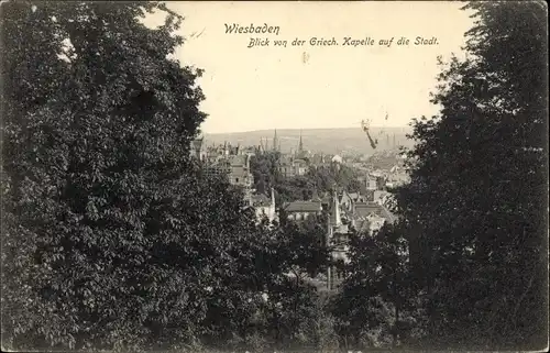 Ak Wiesbaden in Hessen, Blick von der Griechischen Kapele auf die Stadt