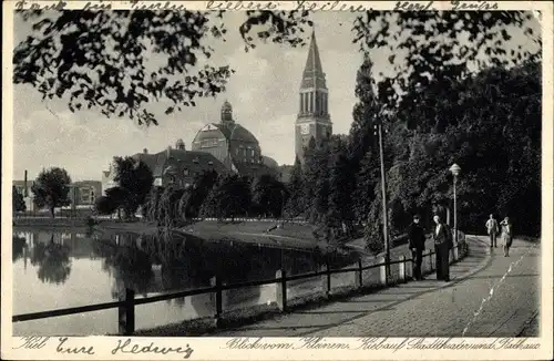 Ak Kiel Schleswig Holstein, Blick vom Kleinen Kiel auf Stadttheater und Rathaus