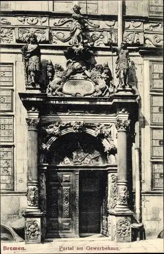 Ak Hansestadt Bremen, Portal am Gewerbehaus, Statue