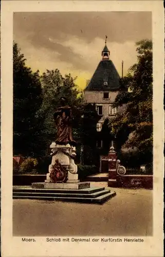Ak Moers am Niederrhein, Schloss mit Denkmal der Kurfürstin Henriette, Statue