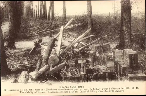 Ak Reims Marne, Munitions abandonnees pres le canal de Sillery, Munitionskisten, 1918 offensive