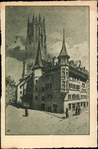 Ak Fribourg Freiburg Stadt Schweiz, les Tornalettes, Kirchturm, Eckhaus