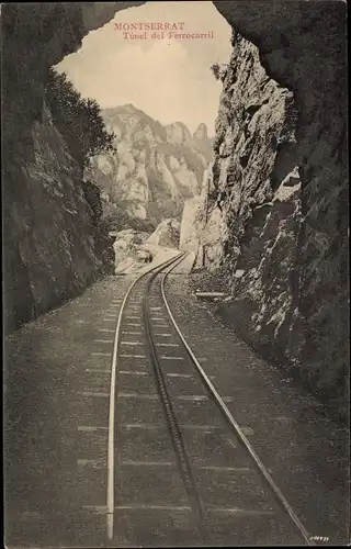 Ak Montserrat Katalonien, Tunel del Ferrocarril, Blick aus Tunnel, Gleise