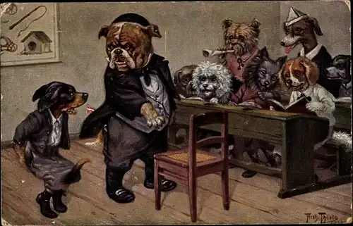 Künstler Ak Thiele, Arthur, Schwer von Begriffen, vermenschlichte Hunde in der Schule