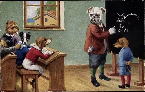 Künstler Ak Hundeschule, Lehrer, Katze, Dackel, Vermenschlichte Hunde