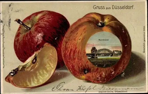 Apfel Litho Düsseldorf am Rhein, Rheinbrücke